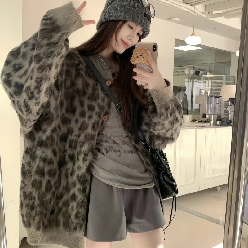 Harajuku leopard tlač Pletená sveter s nadmerným svetrom Vonkajšie oblečenie Vonoka