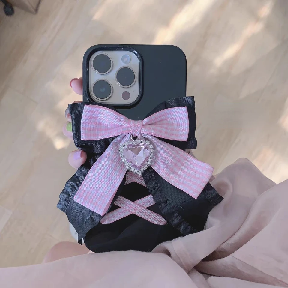 Harajuku lolita tmavé dievča Ribbon bowknot srdiečko Rhinestone telefón pre iPhone 14 Pro Max 11 12 13 Pro xs xs xr čierny mäkký kryt