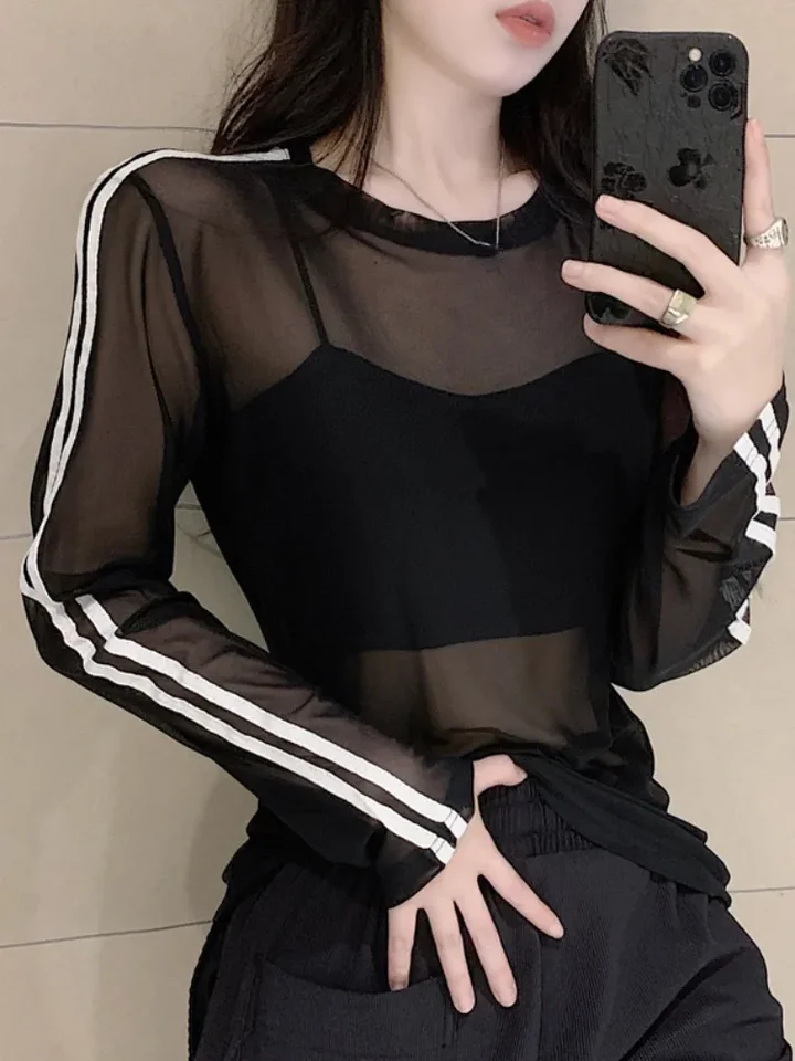 Harajuku mesh Patchwork Streetwear Tričko 2024 Ženy Cast Loose Fairy Grunge jednoduché topy y2k estetické vidieť cez sexy odpaliská