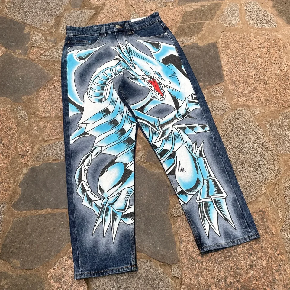 Harajuku modrá anime grafická široká noha Jean módne streetwear džínsové džínsové džínsy y2k džínsy páry s vysokým pásom