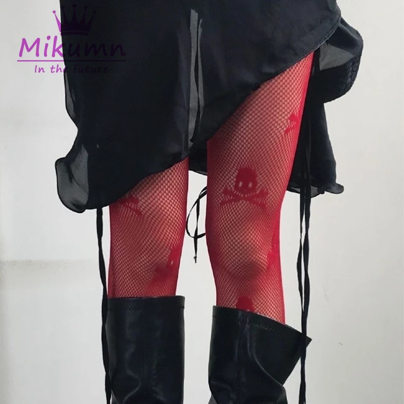 Harajuku punk rock ženské ženské sexy pančuchy gotické červené lebky čipky rybárske pančuchy pančuchá