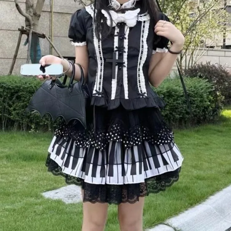 Harajuku punk čierne biele klavírne kľúče sukne sladké čipky sukne sukňou pre ženy y2k vysoký pás all-match faldas majer