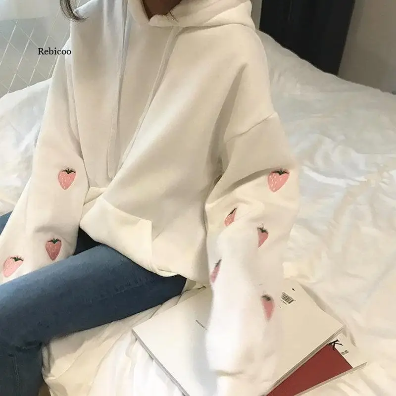 Harajuku Purple Hoodie Kawaii Kórejská móda mäkké dievčatá Nadmerná jahodová biela pullovia estetické zamatové mikiny