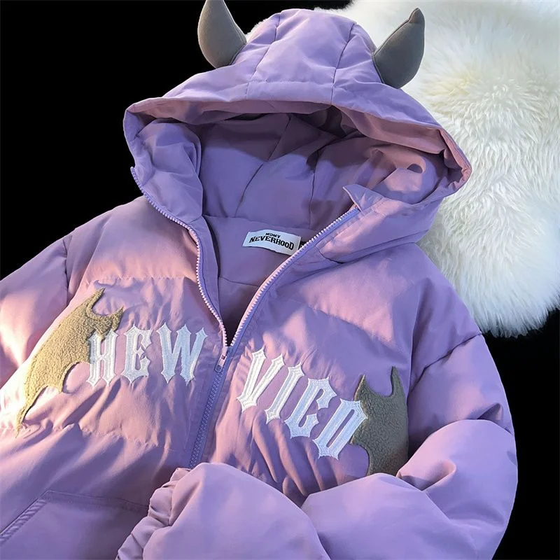 Harajuku pánske ženy Goth y2k Dark Devil Horn Hornoidy Prešívané kabáty zahusťujú teplú bavlnenú bundu voľné kawaii zimné oblečenie