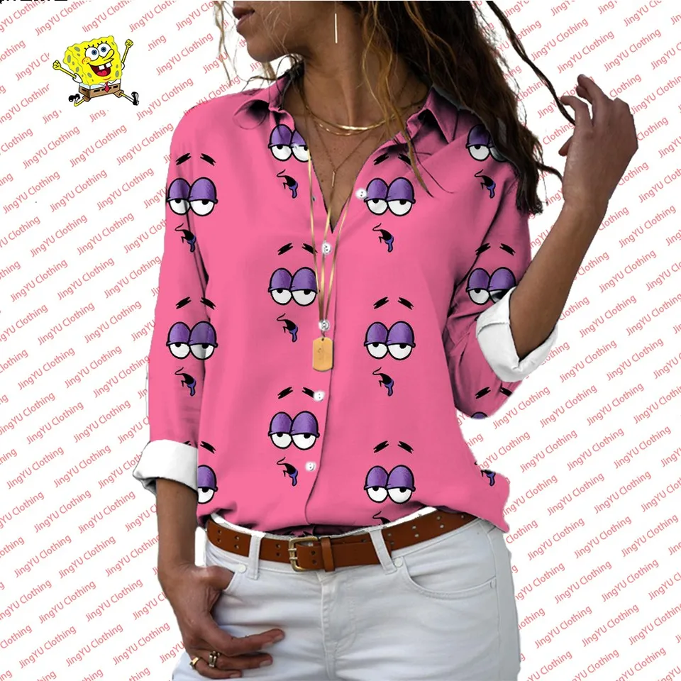 Harajuku Street SpongeBob Squarepants Anime Nové letné neformálne tričko Trend Trend All-Match Dámske módne klopa s dlhým rukávom tričko s dlhým rukávom