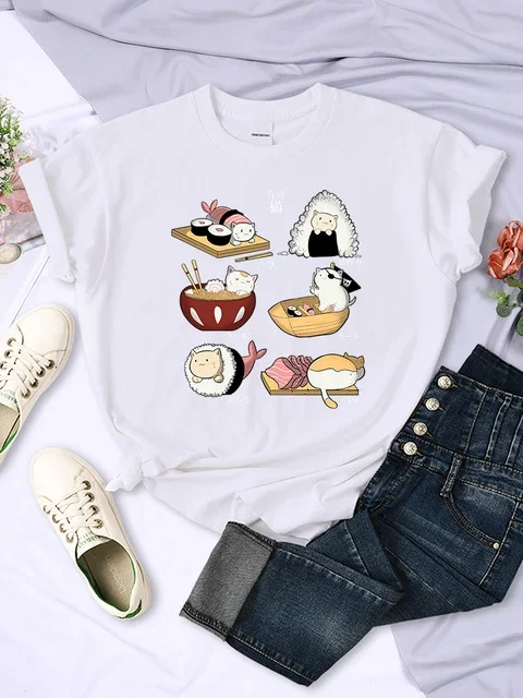 Harajuku sushi mačka Deň výtlačok Ženské košele módne potné tričko Hip hop ženy odlievky odlievky priedušné letné hip hopové príležitostné vrcholy