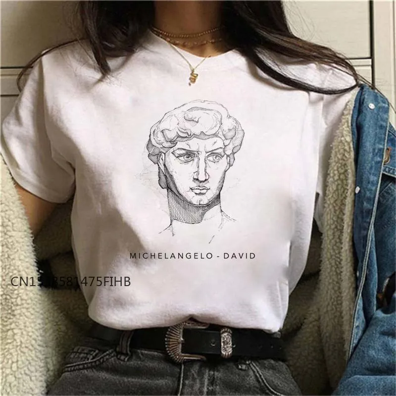 Harajuku vtipné biele kreslenie David Premium Print Tlač krátko rukáv Dámske tričko Tričko Veľká veľkosť voľný o-krk ženské základné tričko