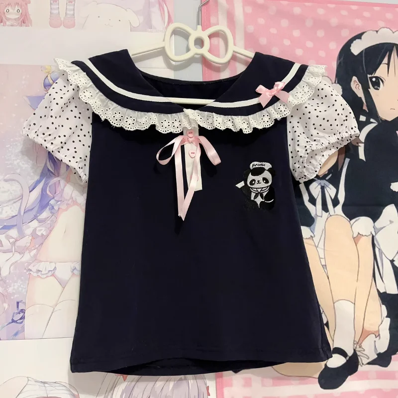 Harajuku y2k lolita tričká Ženy Kawaii Bow Sailor Collar Polka Dot Dot Tops Tops Dievčatá punk štýl panda vyšíva