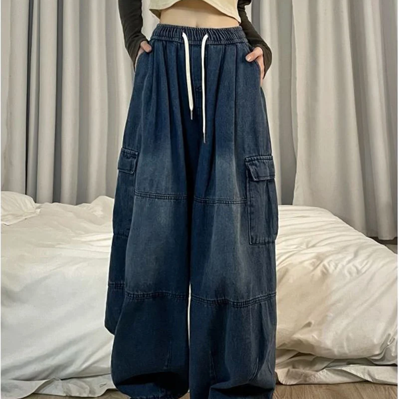Harajuku y2k vintage modrý nákladný džínsy Ženy elastický pás nadmerne vreckový džínsový džínsový nohavice pád na recťahové bavrové nohavice