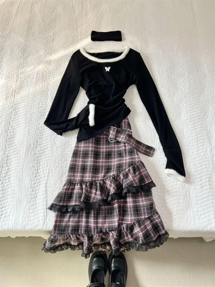 Harajuku y2k čierna kockovaná sukňa obleky Dámske tenké štíhle vrcholy + prevrhnuté Patchwork Fairy Midi sukne Streetwear A-line tortu sukňa