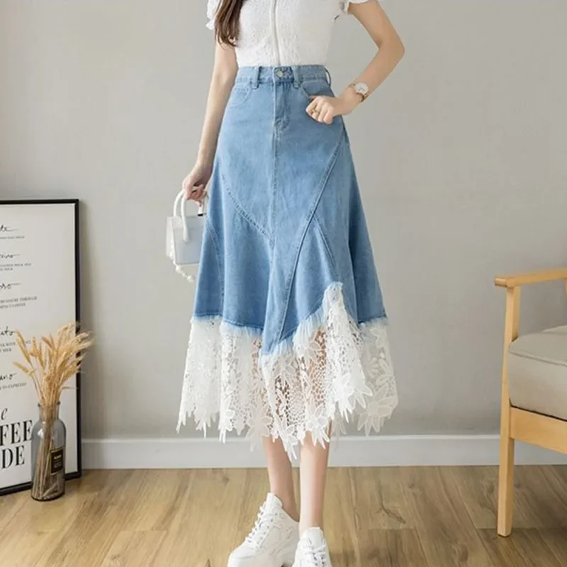 Harajuku čipka Patchwork denim sukňa Žen