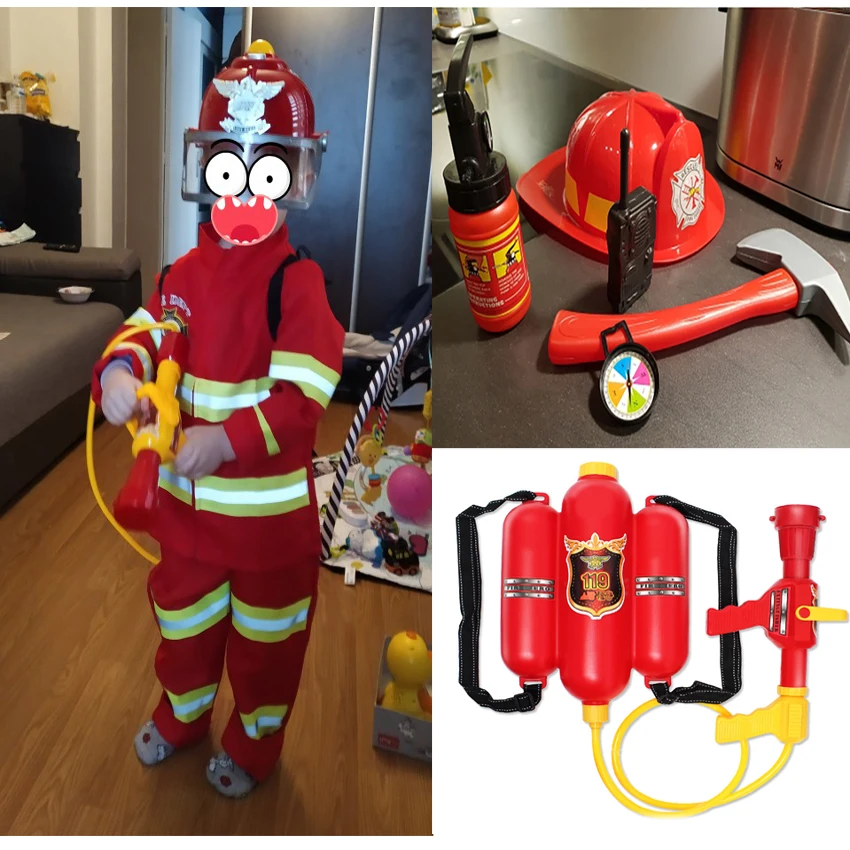 Hasiči pre deti uniformný automobil Sam cosplay deti luxusný hasič vodná pištoľ 6ks hračky set boy girl girl halloween kostým darček