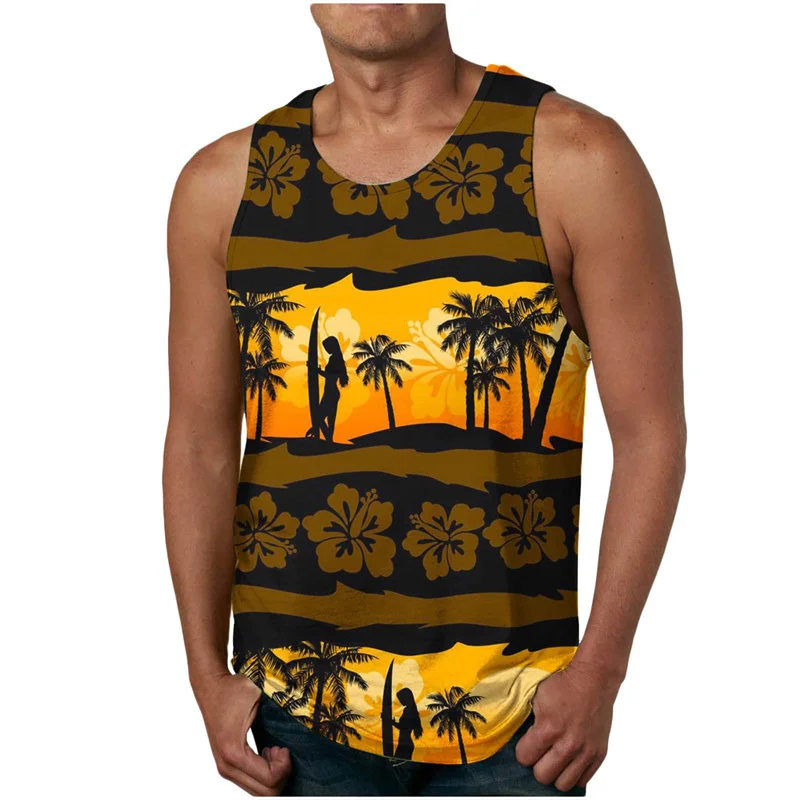 Havajská dovolenka Pánske pánske pánske tričko bez rukávov Surf Surf Floral Print O-krk
