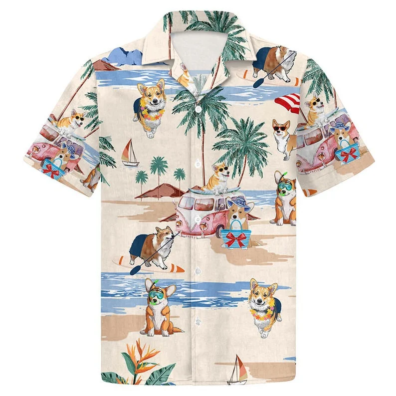 Havajské košele pre mužov a ženy kawaii corgi košele Cartoon Print Beach s krátkym rukávom Summer ležérne gombíky na havaj