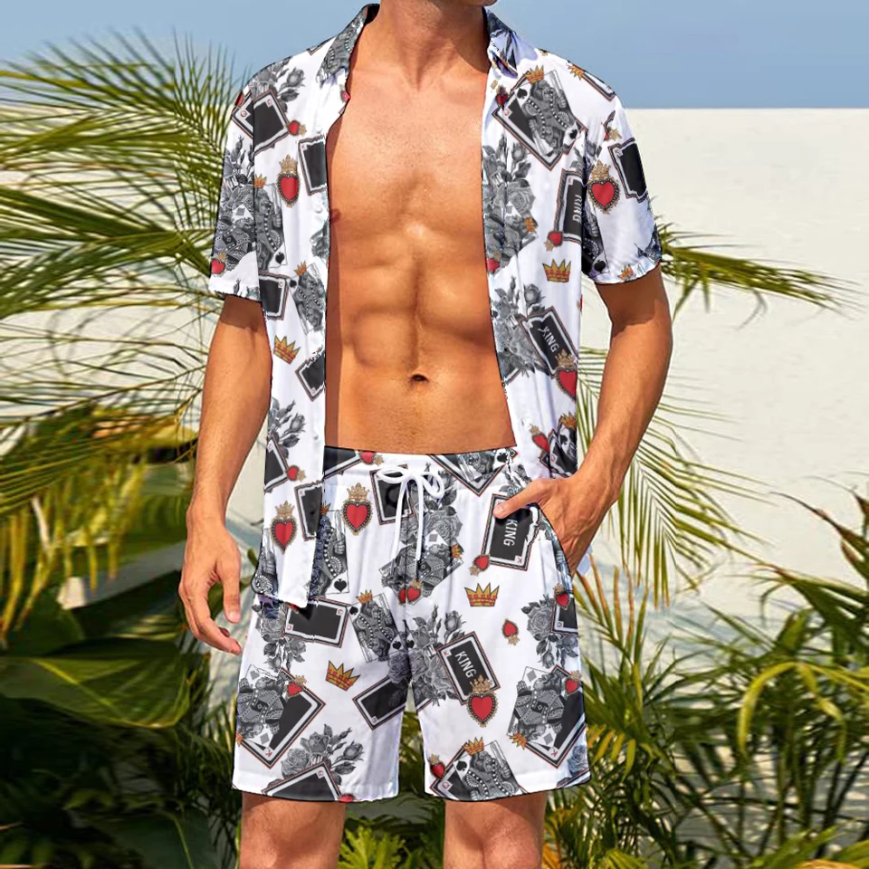 Havajský havajský módny flip golier golier s krátkym rukávom a šortky sada King Card Crown Print Beach Mládež mládež Casual 2-diel Set