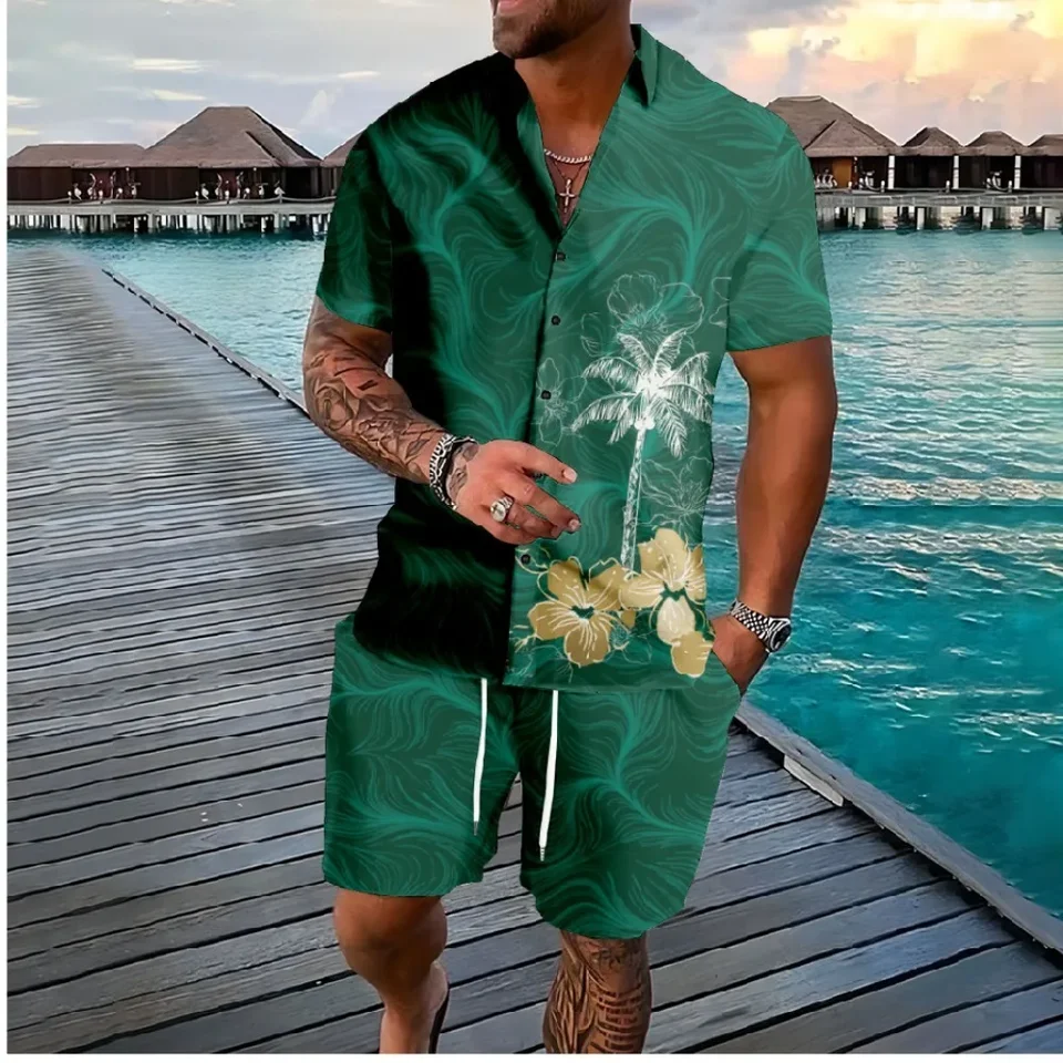 Havajský palmový strom 3D tlač Men Men Sety Sady módne s krátkym rukávom Nadmerná ležérna plážové kraťasy Streetwear obleky