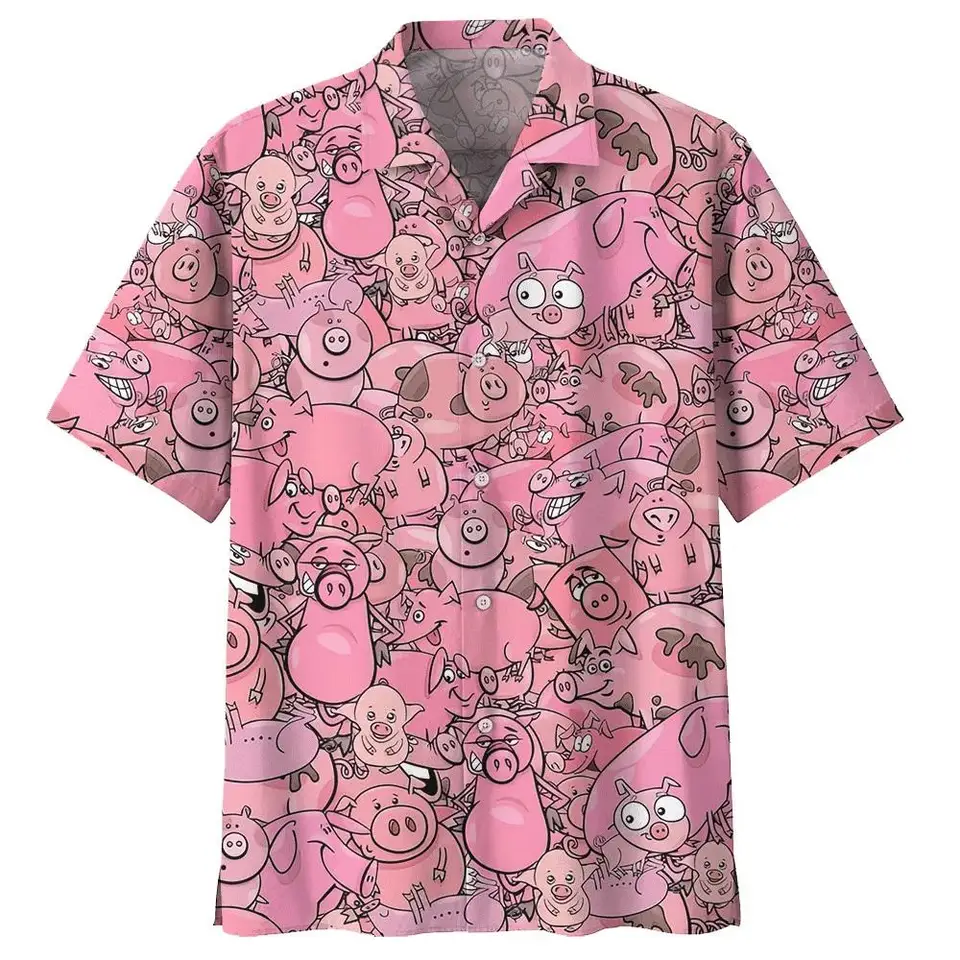 Havajský štýl 3D tlač Pink Piglet Summer ležérny voľný krátky rukáv košele ulice Men