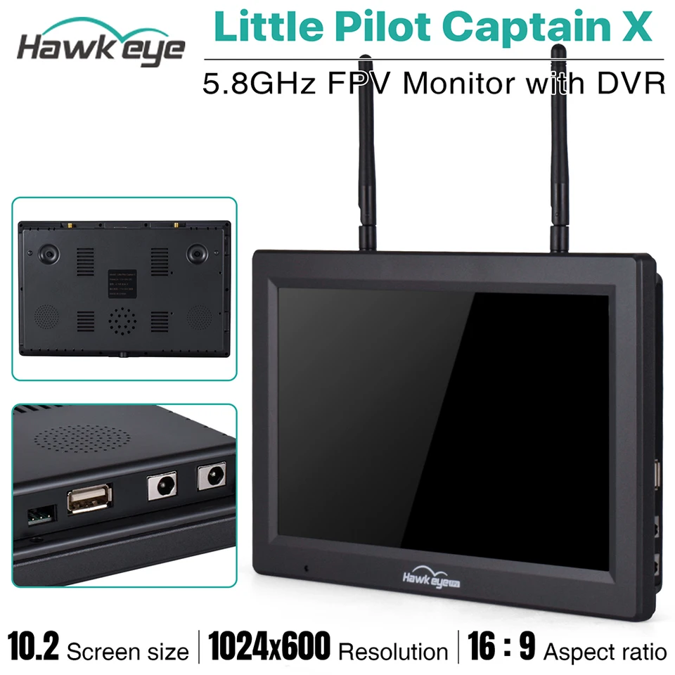 Hawkeye Little Pilot Kapitán X FPV Monitor s DVR 5,8G 60CH 10,2 palca Duálne prijímače 1024x600 LED 16: 9 NTSC/PAL Automatické vyhľadávanie