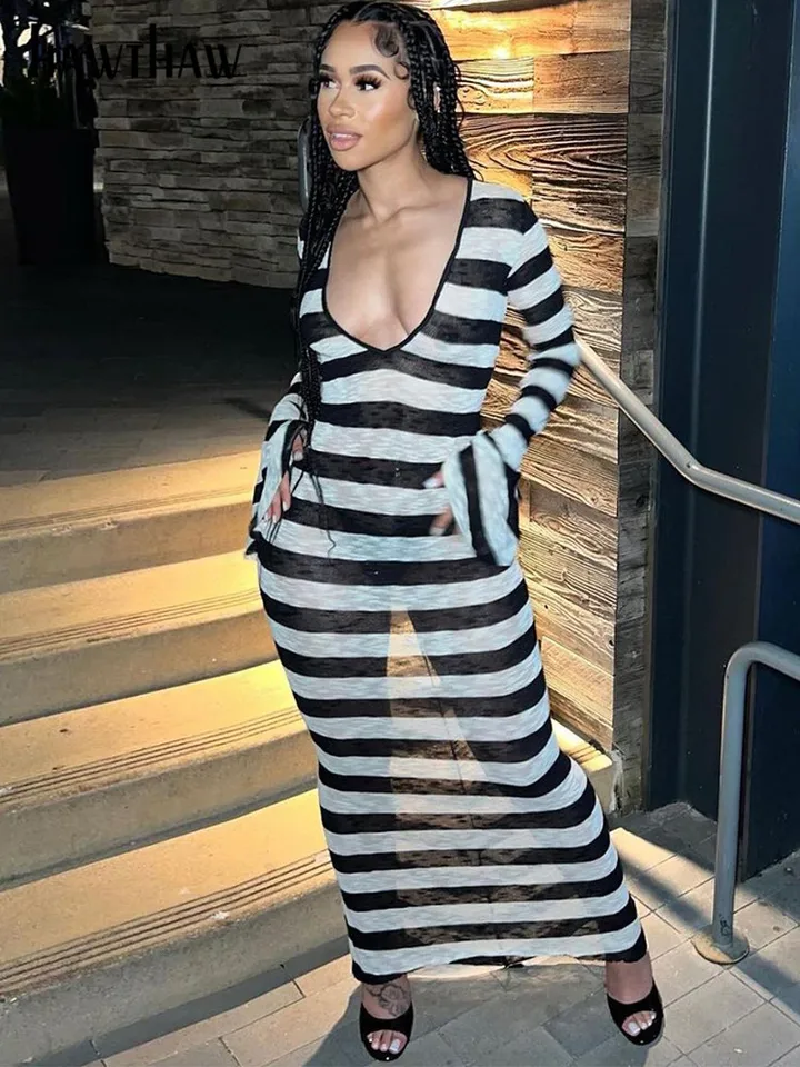 Hawthaw Ženy 2023 Jeseň Zimné zimné dlhé rukáv V krk pruhované streetwear Bodycon čierne dlhé šaty veľkoobchodné predmety pre podnikanie