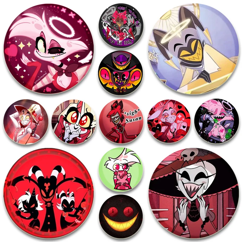 Hazbin Hote Tinplate Pin Charlie Morningstar Angel Dust Alastor Cartoon Brošes pre batohové doplnky Anime Collection Zbierka Zbierka