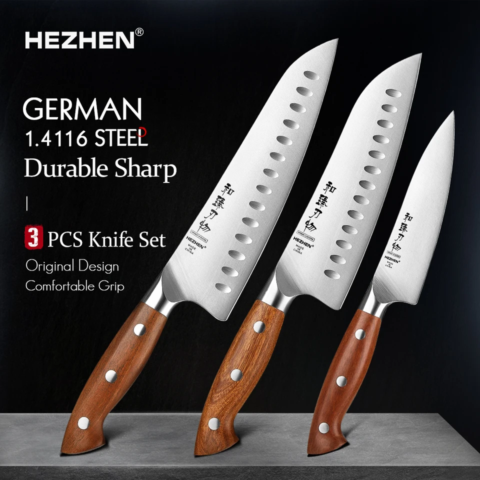 Hazhen 1pc alebo 3pc kuchynský nôž set 1.4116 oceľové červené drevené rukoväť Cook Tools Core Blade Kitchen Knife Nôž na balenie boxu