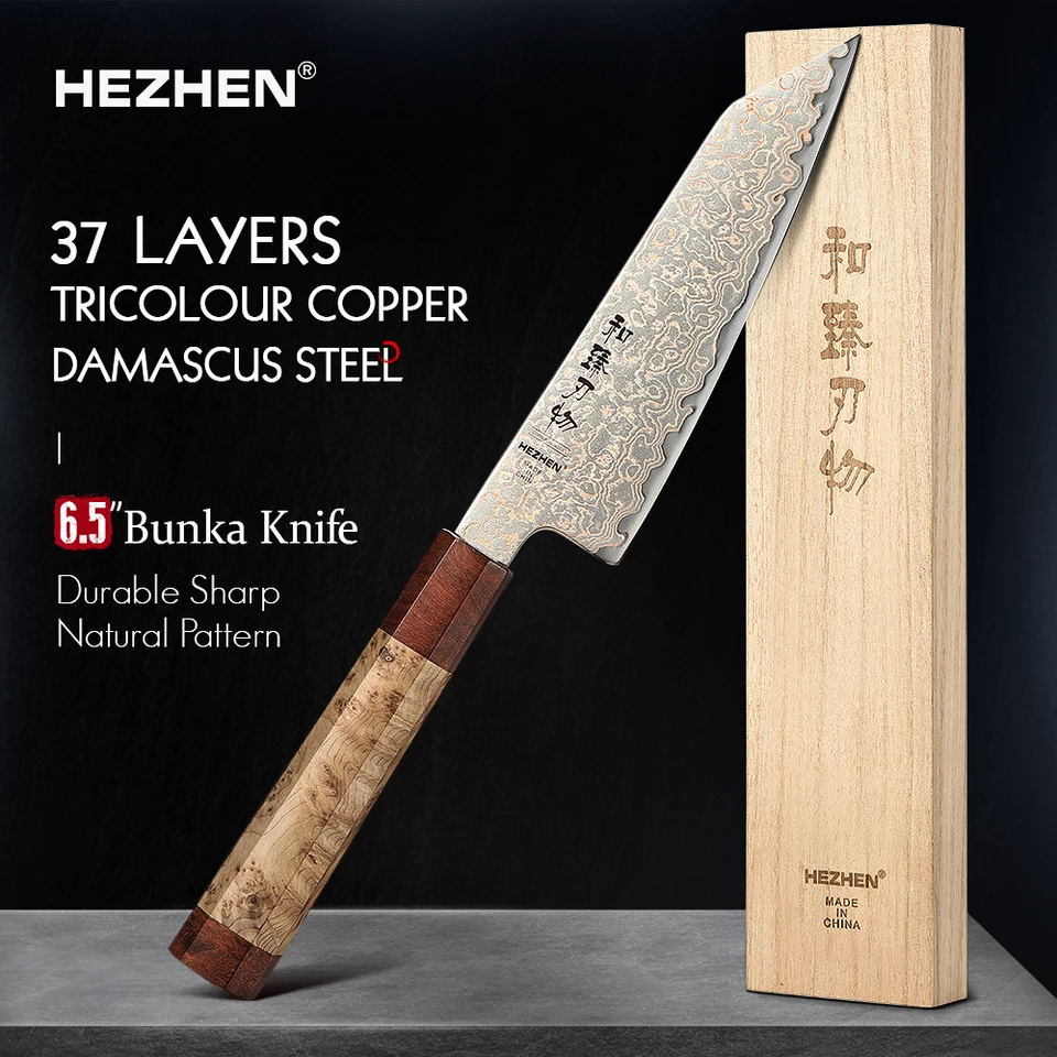 Hazhen 6,5 palca Bunka Knife Custom 37-vrstvový trojfarebný medený damašský oceľový šéfkuch
