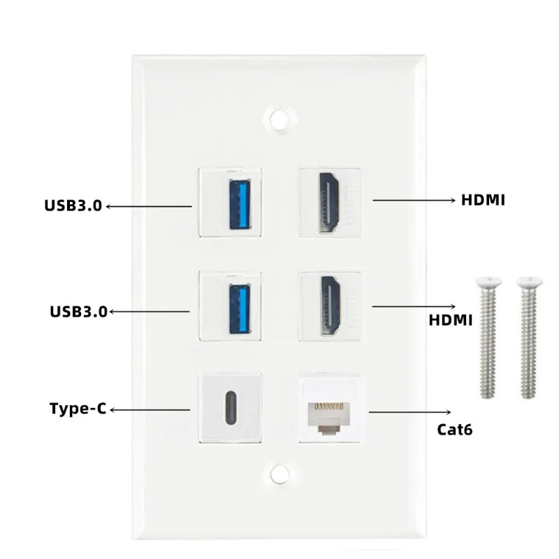 HDMI 2.0 nástenná doska 6 Port Dekoratívna nástenná doska- 2 port HDMI + 1 CAT6 ETHERNET + 2 USB 3,0 + 1 USB TYP-C Transfer Line Adapter