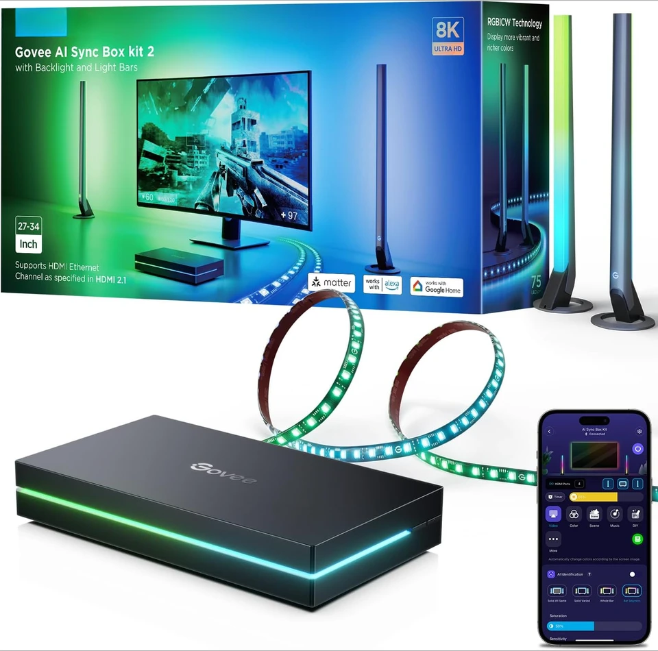 HDMI 2.1 Sync Box Súprava 2, obsahuje synchronizačnú škatuľu AI, svetelné tyče a podsvietenie monitorov, podporuje 8K@60 Hz, 4K@144Hz, VRR a ALLM