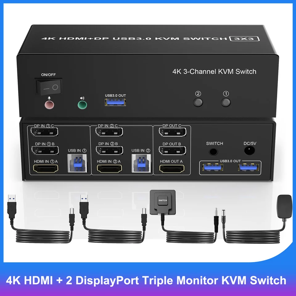 HDMI + 2 DisplayPort USB 3,0 KVM Switch Triple Monitor pre 2 počítače 3 monitory, 4K@60 Hz KVM prepínač so zvukovým mikrofónom