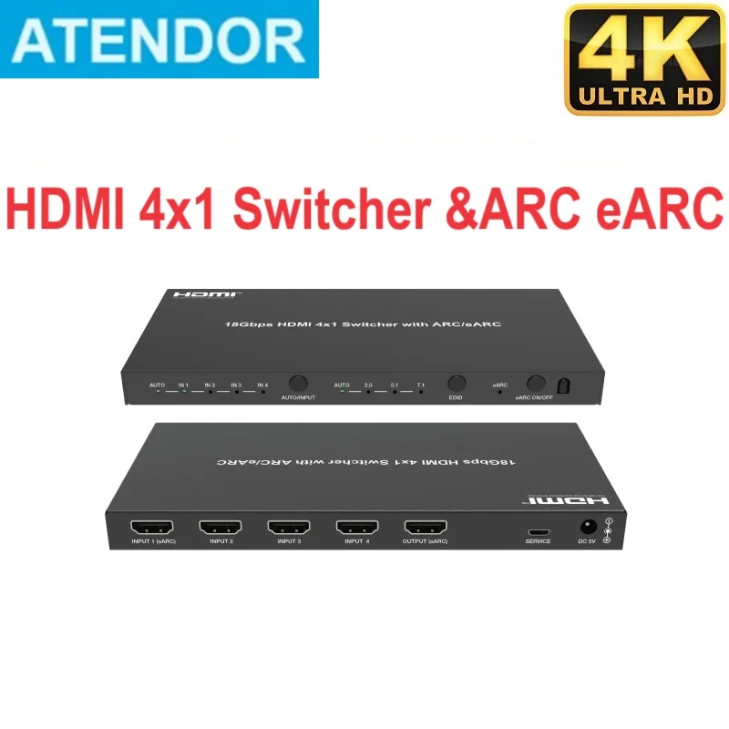 HDMI kompatibilný 2.0 Switch4x1 s oblúkom EARC HDR 10+ Dolby Vision Atmos HDCP2.2 Video Switcher 18 Gbps HDR 4K 60 Hz pre Soundbar