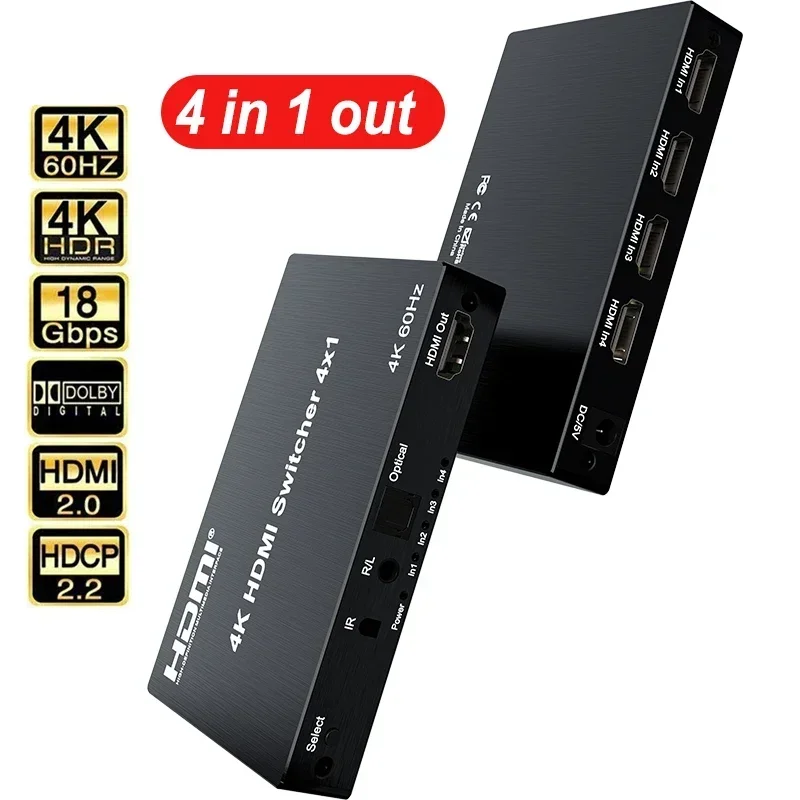 HDMI2.0 4K 60Hz HDMI Switch 4x1 Video prevodník 4 v 1 OUT FIT 3,5 mm reproduktor optického výpisu Audio pre PS4 PS5 do TV