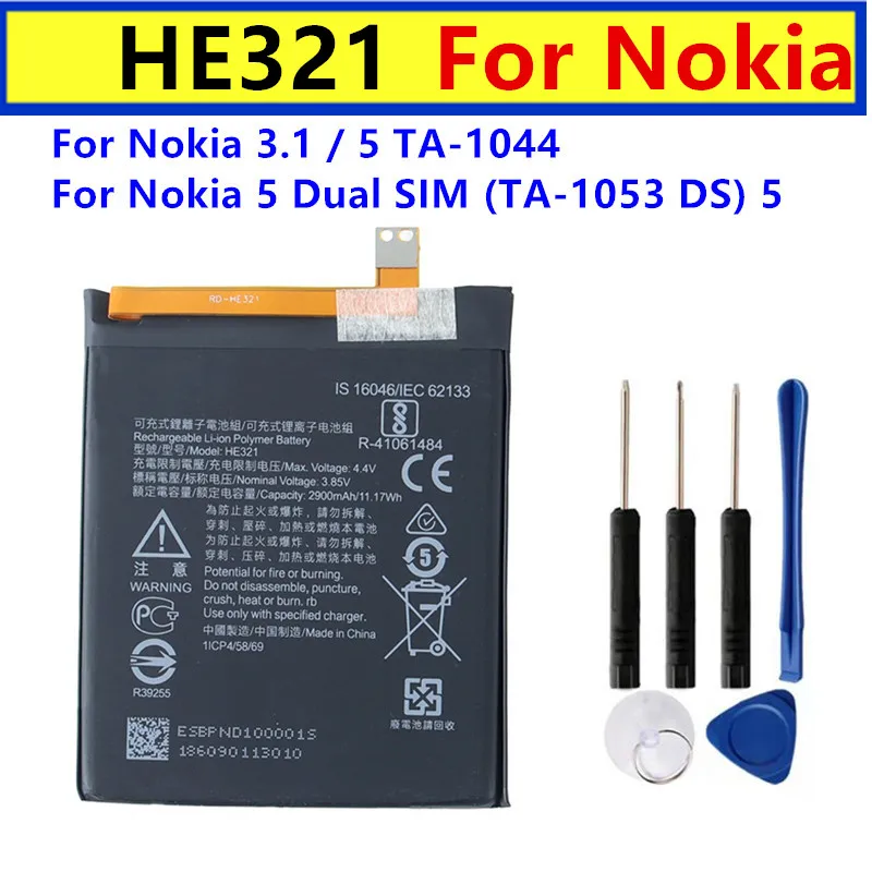 HE321 Pôvodná batéria 2900 mAh pre Nokia 3.1 / 5 TA-1044 pre Nokia 5 Dual SIM (TA-1053 DS) 5 prémiové vydanie HE321 batéria+náradie
