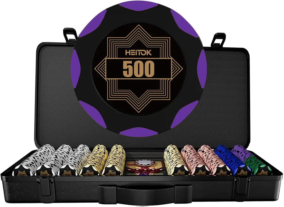 Heitok 500ks 14g Clay Poker Chip Set Set s nomináciami a špičkovým puzdrom, profesionálne kasíno nastavené pre Texas Hold'em