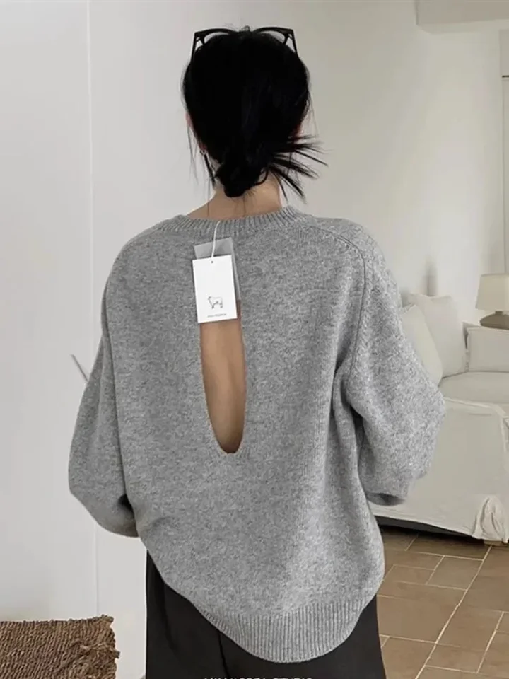 Heliar Sexy Backless Pleted Sweaters Ženy dutiny s dlhým rukávom Lazy Wind Pullover Vintage Loose Casy Casy Out