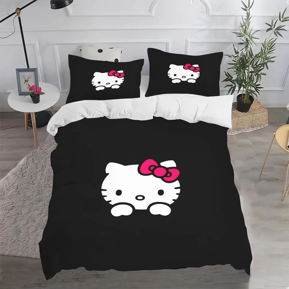Hello Kitty 3-dielna sada 1 prikrývka s vankúšom s vankúšom roztomilé tlačené kreslené obliečky na krup