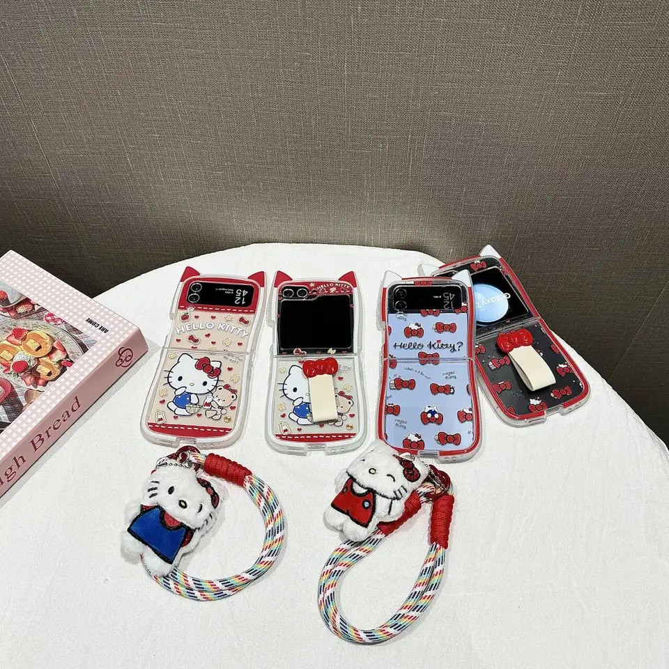 Hello Kitty 3D Cat Ear s puzdrom na náramok s šnúrkou pre Samsung Galaxy Z Flip 3 4 Z Flip 5 6 5G PC Tvrdý číry zadný kryt