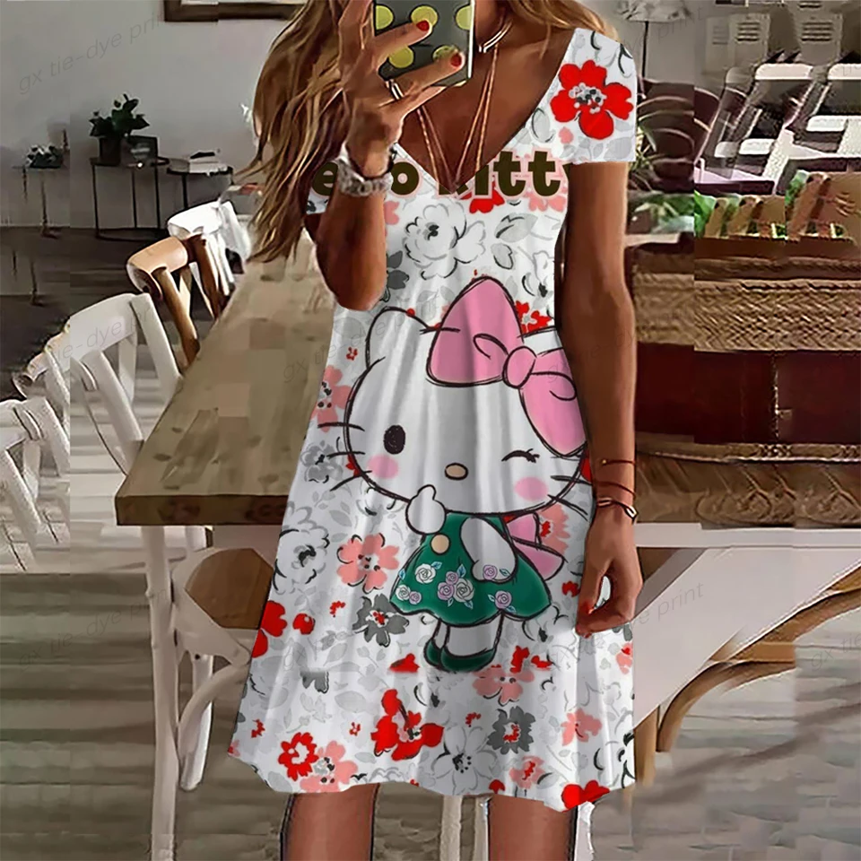 Hello Kitty 3D tlačené šaty Ženy Pullover letné voľné šaty Sundress Casy O-krk s krátkym rukávom Ženské oblečenie