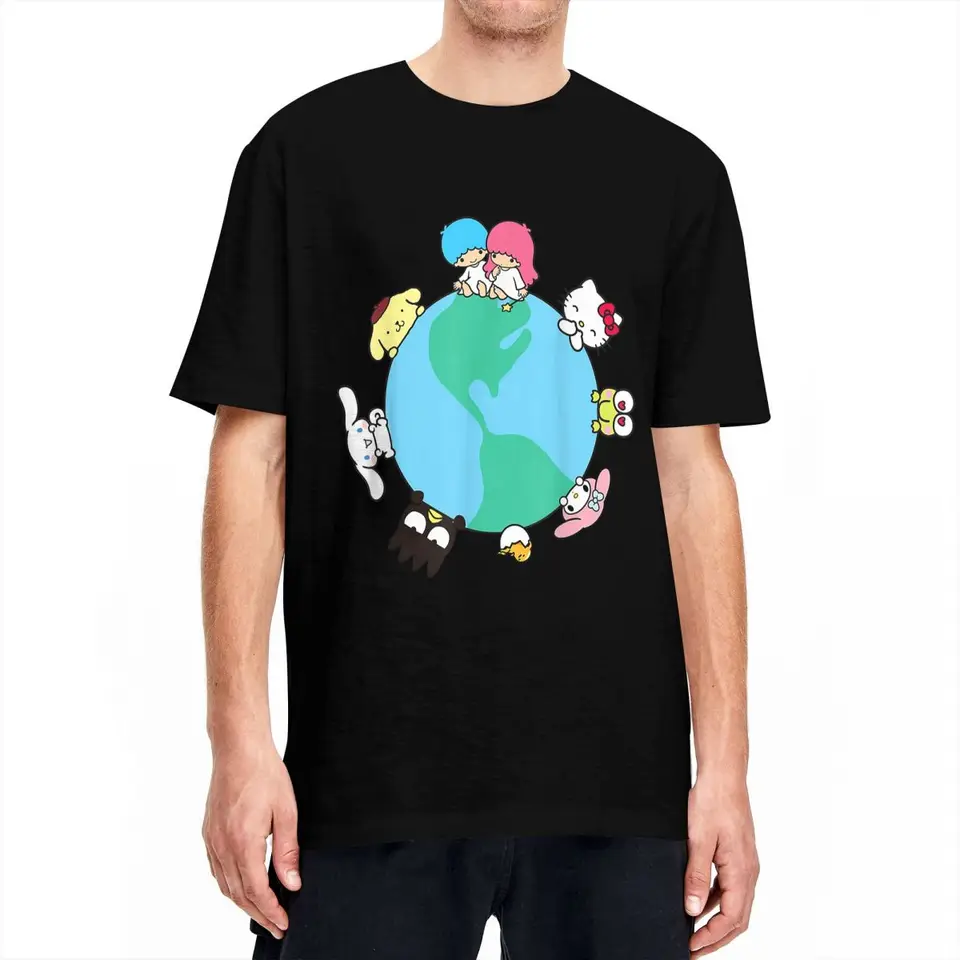 Hello Kitty a priatelia Sanrio Earth T košele Men Men Dámske bavlnené tričko Round Collar Tees s krátkym rukávom Grafik