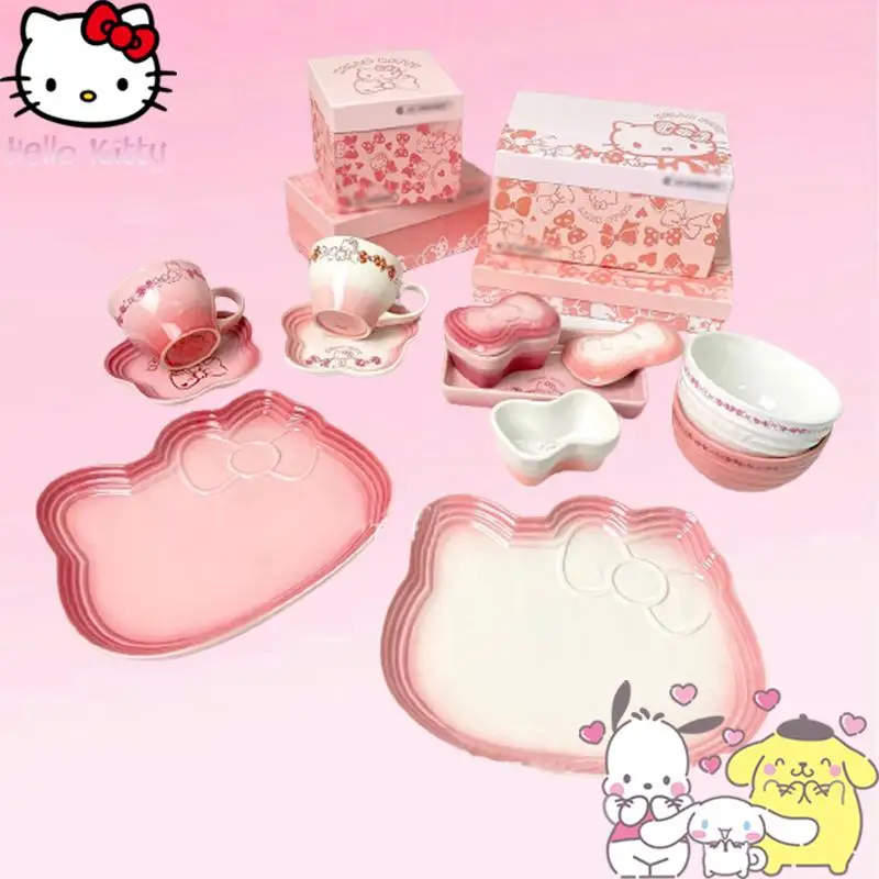 Hello Kitty Bowl Plate Cutlery Sanrio anime keramika hrnčekový pohár dusí guláš hrnca ryžová misa mačka hlava tanier domácnosť roztomilá darčeková krabica
