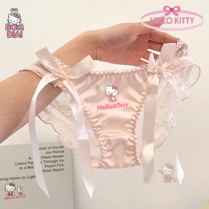 Hello Kitty Cartoon Anime Cute Kawaii Dámske nohavičky Pink Ribbon Bow Underwear Elegantné saténové nohavičky sexy čierne čipky ženské spodné prádlo