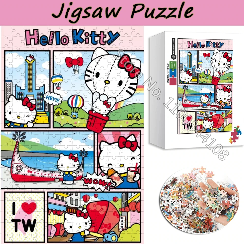 Hello Kitty Cartoon Drevená puzzle 300/500/1000 kusy Sanrio Character Jigsaw Puzzle pre detské ručne vyrábané hračky Zbierka hračiek