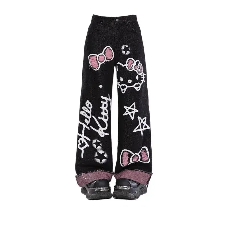 Hello Kitty Cartoon Graffiti Tlač uvoľnených rovných džínsov Retro všestranné široké nohavice na podlahe moping nohavice Jeseň zimný štýl