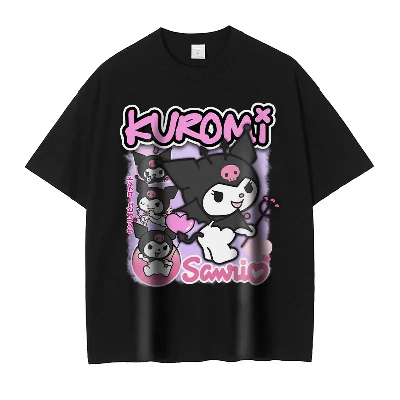 Hello Kitty Cute Girl Tops Anime My Melody Kuromi tričko s nadmerným vinobraním vintage umyté Kuromi Tshirt Streetwear Dámske bavlnené tričko
