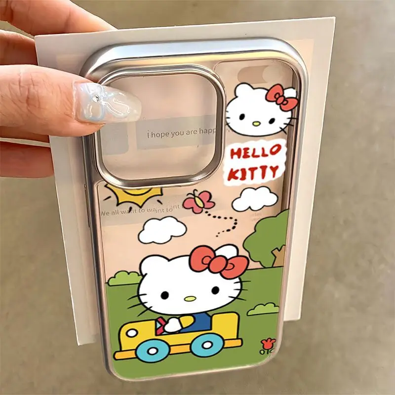Hello Kitty Driving in the Morning Telefón pre iPhone 16 15 14 13 11 12 Pro Max Plus x xr xs 7 8 plus y2k kovový rámec shell