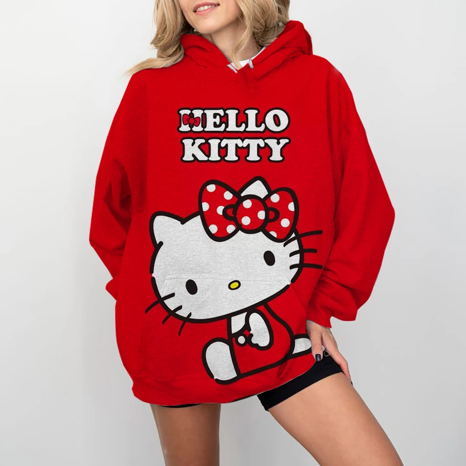 Hello Kitty Dámske sladké roztomilé karikatúra tlačená mikina Nová módna voľná voľná s kapucňou Top jednoduchý dizajn výklenok všestranné pulóvery