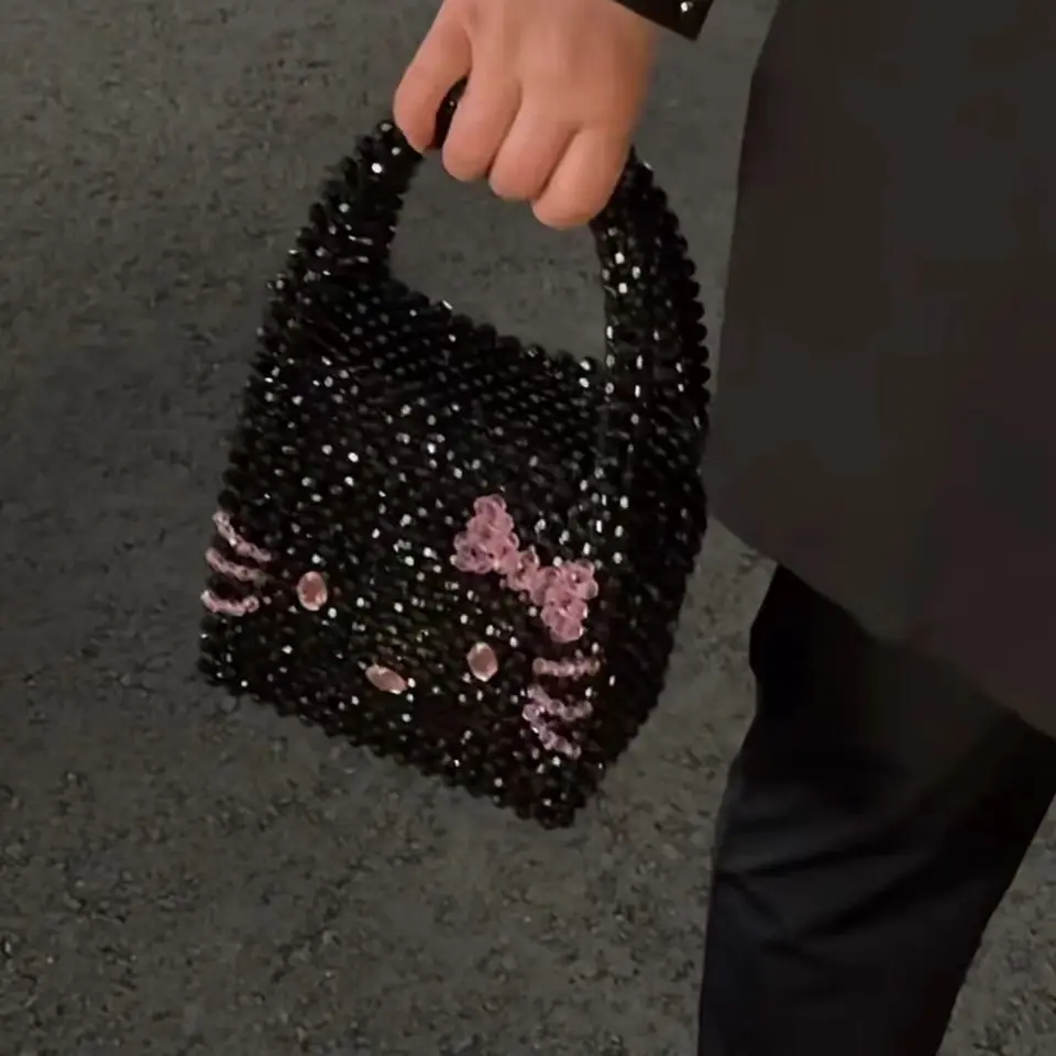 Hello Kitty Fashion Crystal Korálková večerná kabelka Kawaii All-Match Children Y2K Travel Beach Bag Pearl Chain Tote Petouch Darček