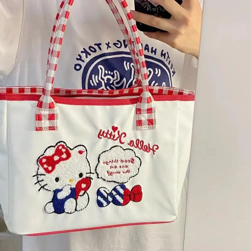 Hello Kitty Girl Tote Bag Nové výšivky sladké študentské tašky módna karikatúra veľká kapacita jedno rameno kabelka kawaii podpazušia taška