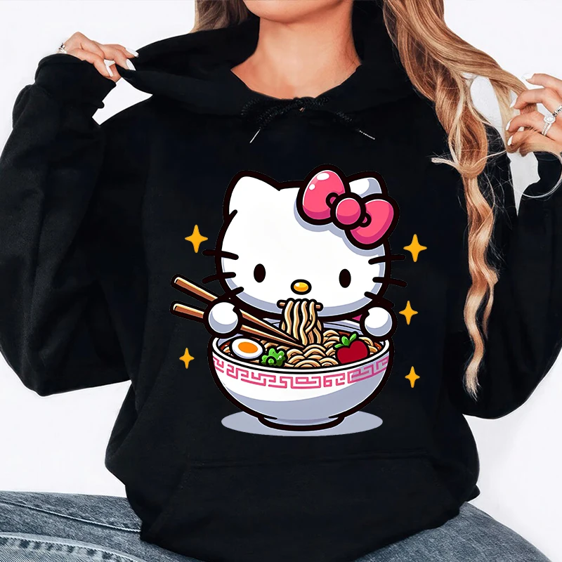 Hello Kitty Jesť rezance Dámska kapucňa Jeseň a zimná mikina Príležitostné topy voľné dámske oblečenie