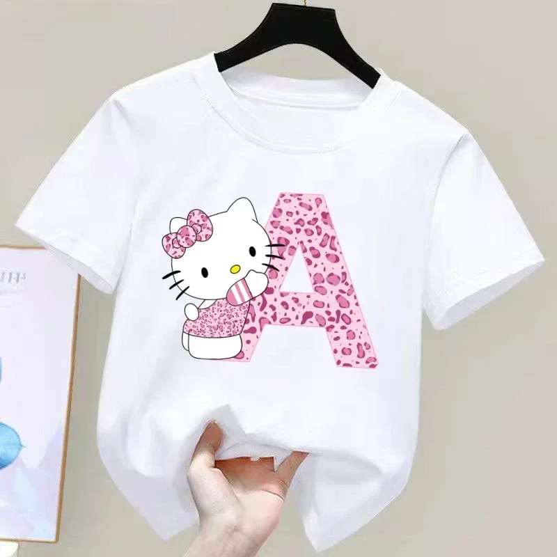 Hello Kitty Letter AZ Detská bavlnená bavlna s krátkym rukávom Top sanrio letné tričko dievčenské srdiečko mäkké oblečenie kawaii narodeniny darček