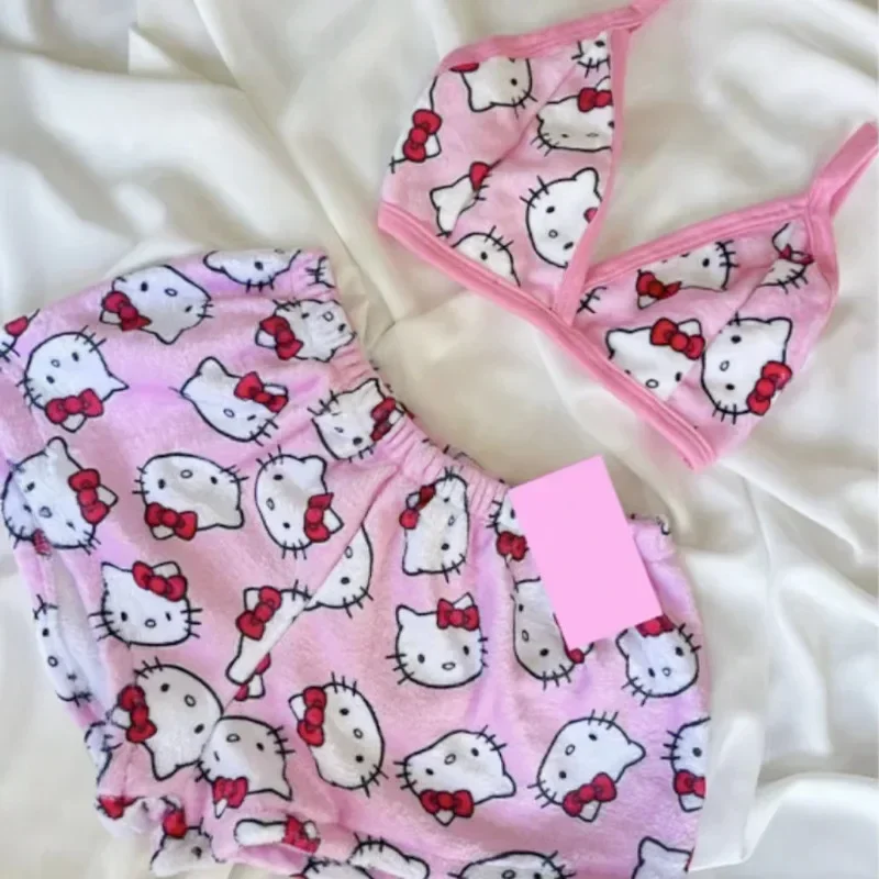 Hello Kitty Loose Ladies Pyžama obleky Dámske Sanrio Cartoon Sleend Bottoms Lounge Domáce nosenie letné plážové oblečenie pre ženy dvojdielne
